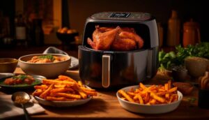 "A modern black air fryer sits on a wooden kitchen counter with its drawer open, revealing crispy, golden-brown chicken wings.