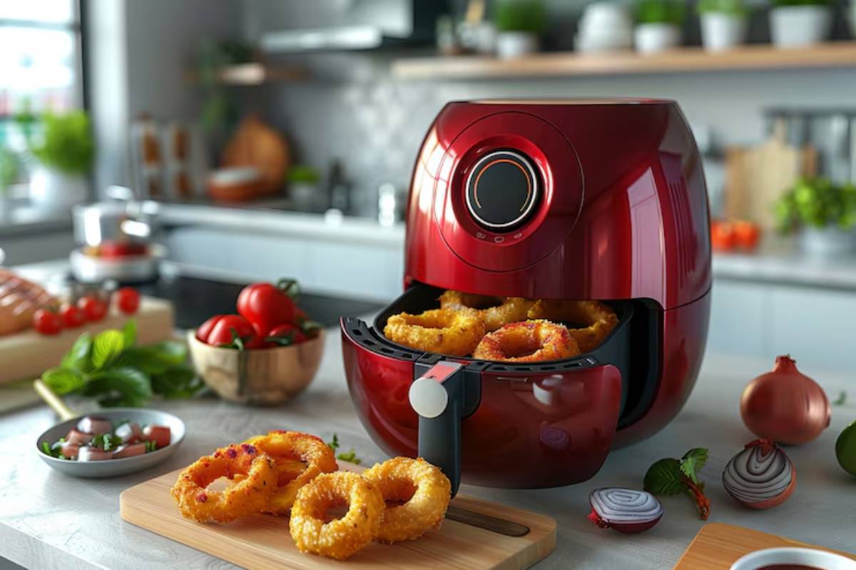 A vibrant red air fryer displays golden fried onion rings, surrounded by fresh vegetables on a modern kitchen countertop.