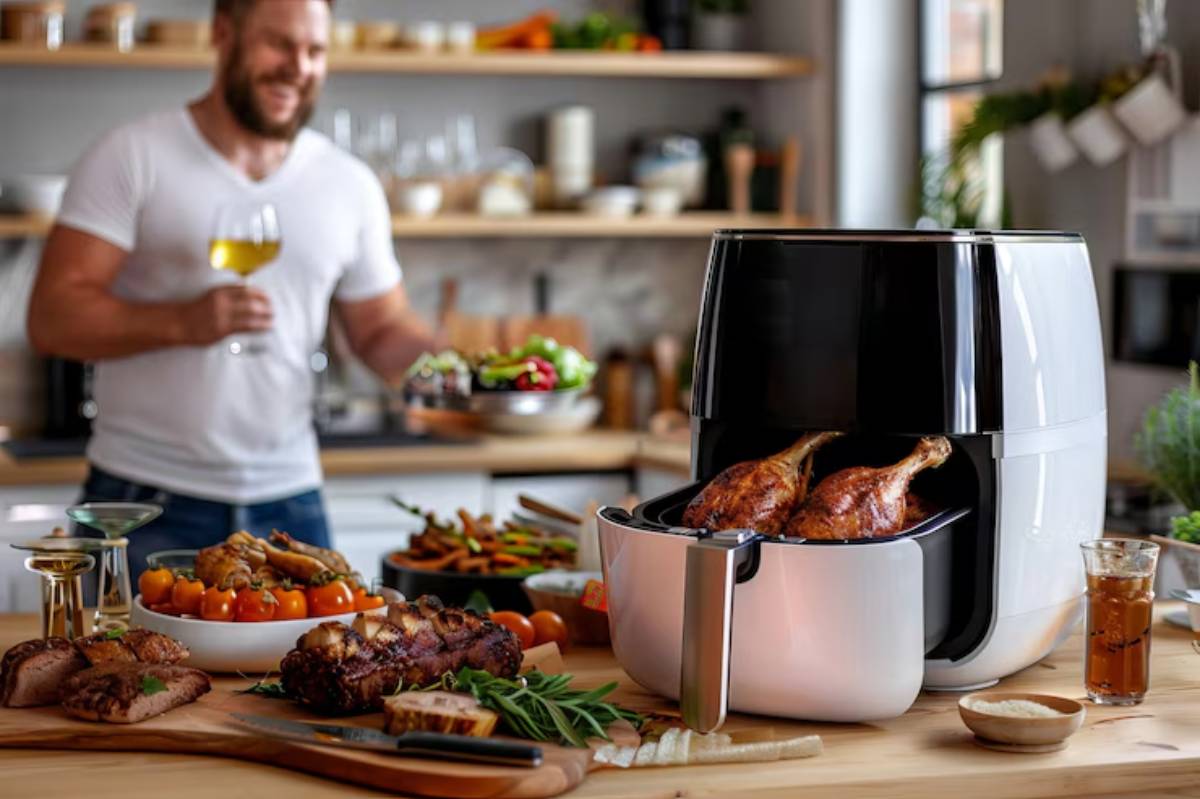 A modern kitchen scene featuring a sleek air fryer with roasted chicken legs, fresh salads, and assorted meats on a wooden table.