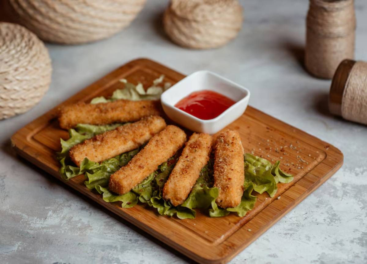 Golden-brown fried sticks on a bed of lettuce, accompanied by a small bowl of red dipping sauce, on a wooden serving board.