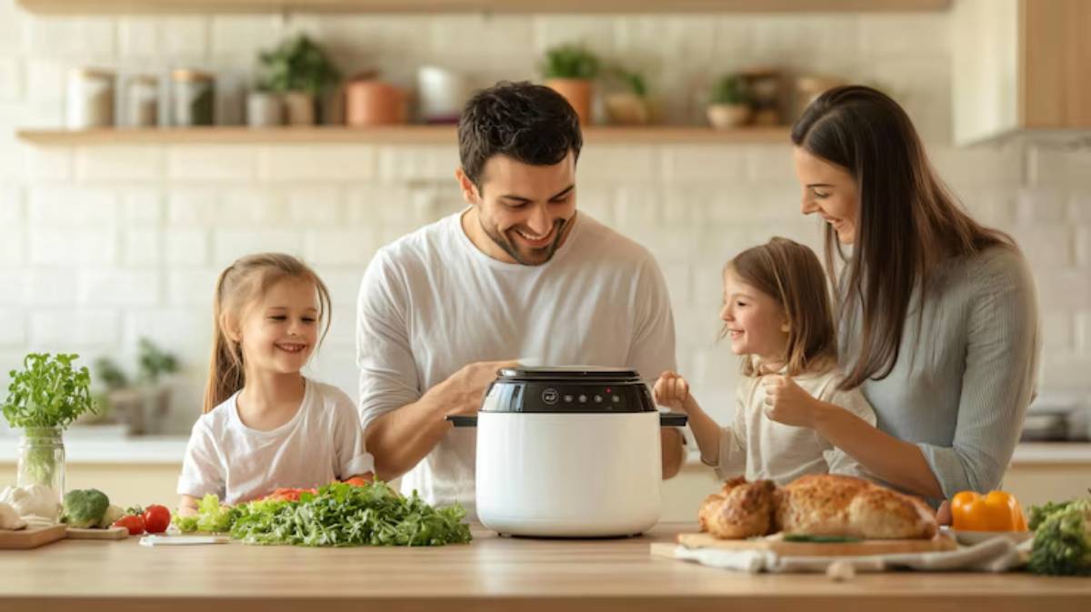 A family gathers around a white kitchen appliance, preparing food with fresh vegetables and baked goods on the table.