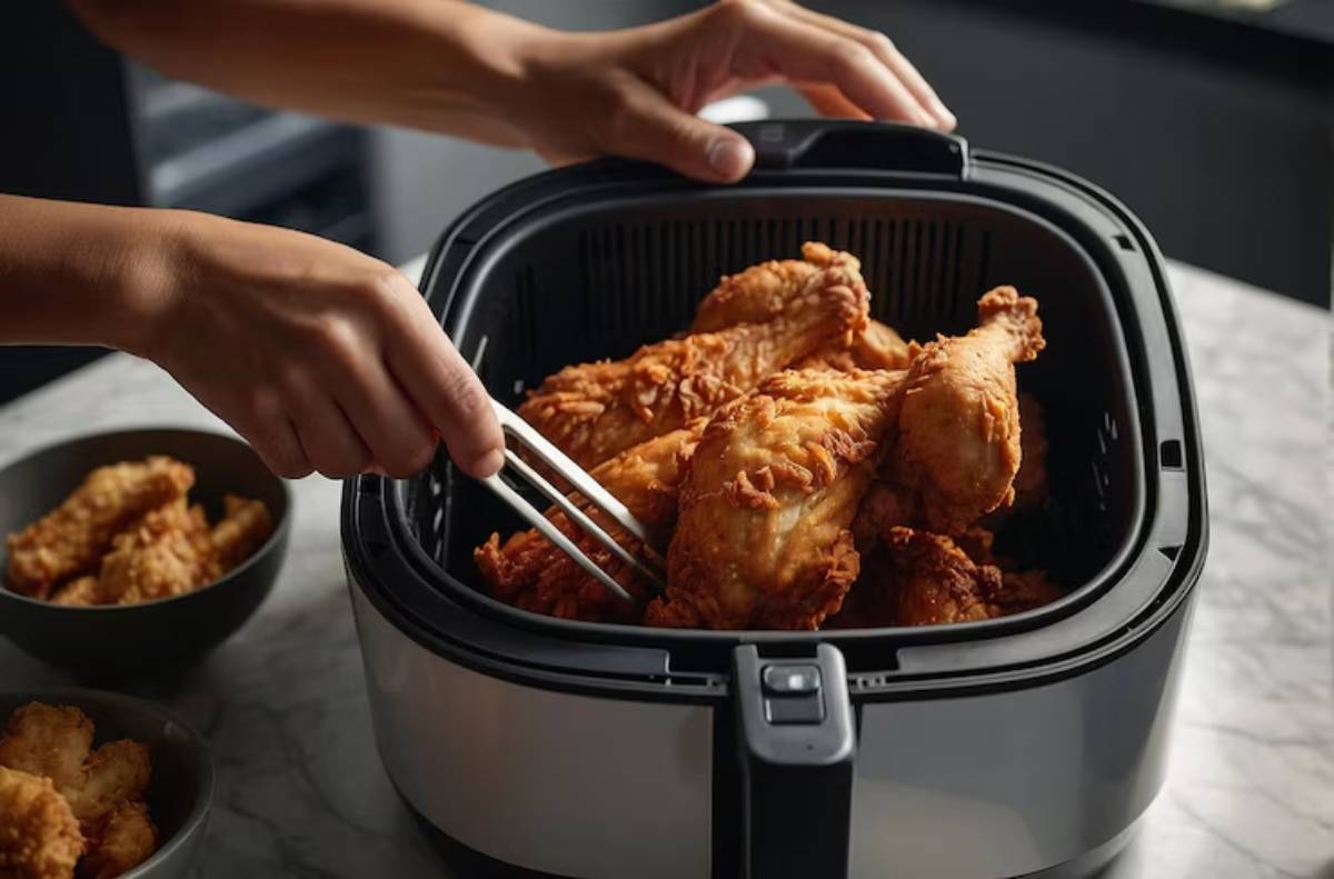 A person uses tongs to lift crispy fried chicken from an air fryer, with a bowl of more fried chicken in the background.