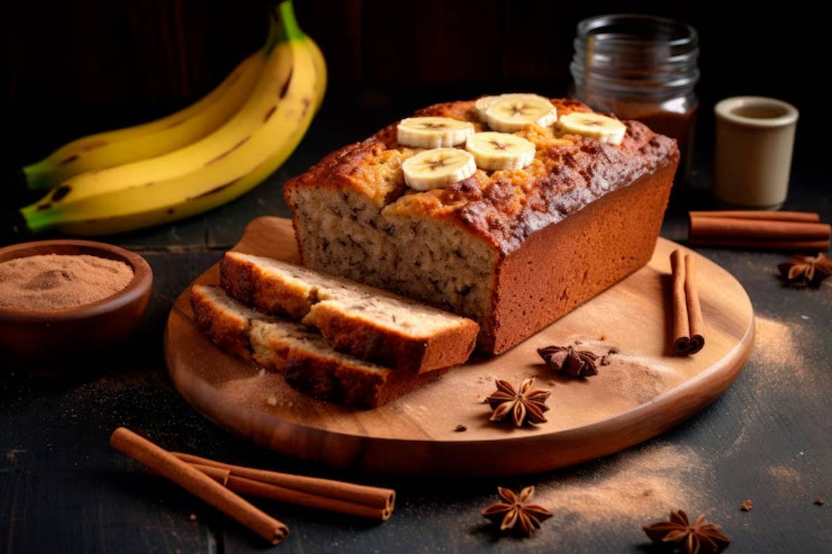 A freshly baked banana bread topped with banana slices, sliced on a wooden board, surrounded by bananas and spices.