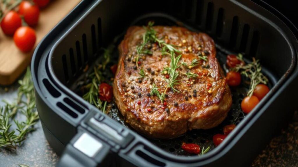 A perfectly cooked steak with herbs and cherry tomatoes in an air fryer, showcasing a delicious and savory meal.