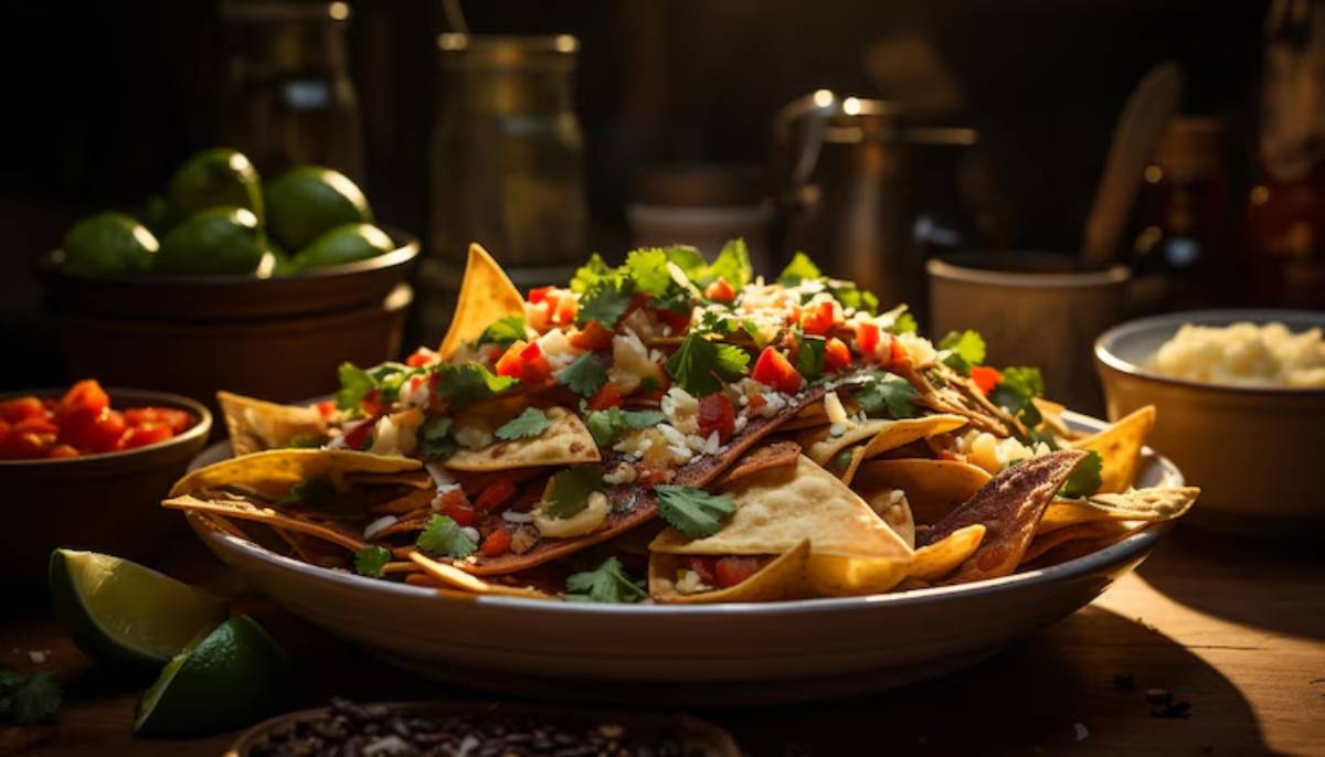 A vibrant plate of nachos topped with fresh tomatoes, cilantro, and cheese, surrounded by lime wedges and bowls of toppings.