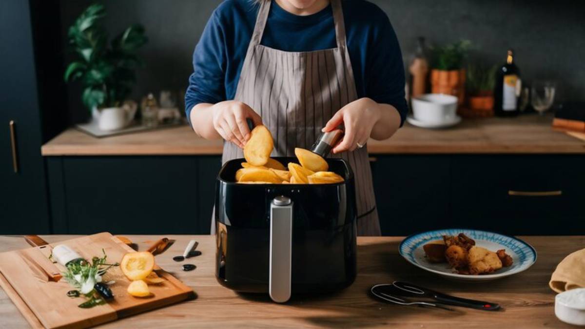 A person in an apron fills an air fryer with sliced potatoes, surrounded by cooking utensils and a decorated plate of fried food.