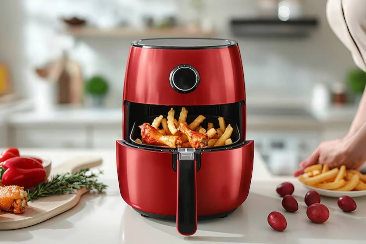 A vibrant red air fryer is filled with golden fries and chicken wings, sitting on a kitchen countertop amid fresh vegetables and potatoes.