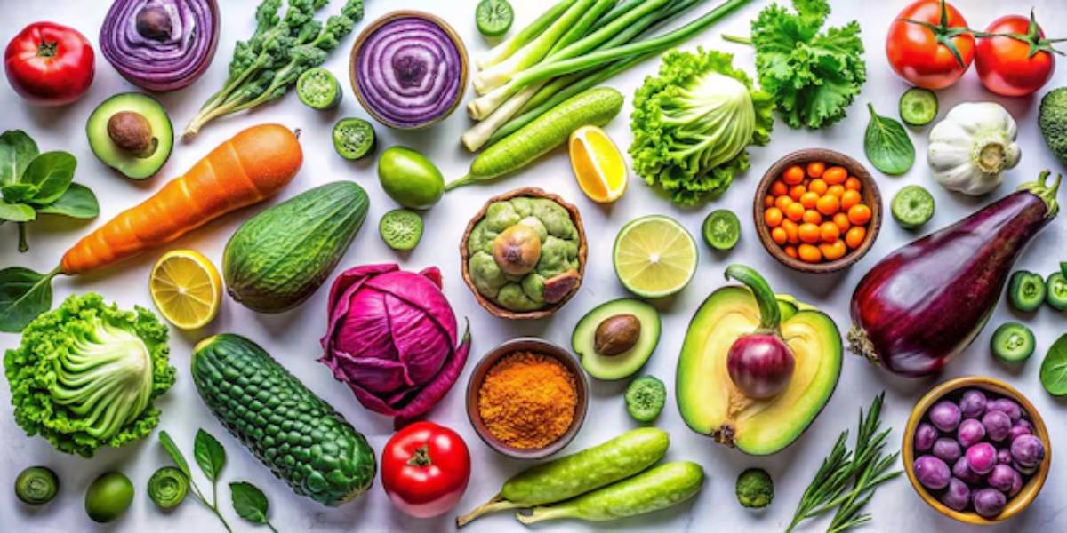 A vibrant assortment of fresh vegetables and fruits, including tomatoes, carrots, avocados, and leafy greens, arranged artfully.
