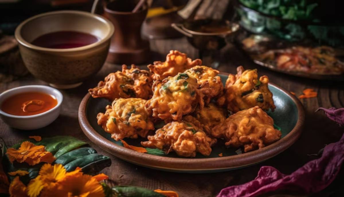 A plate of golden-brown fritters garnished with green herbs, served with dipping sauces, surrounded by colorful flowers and leaves.