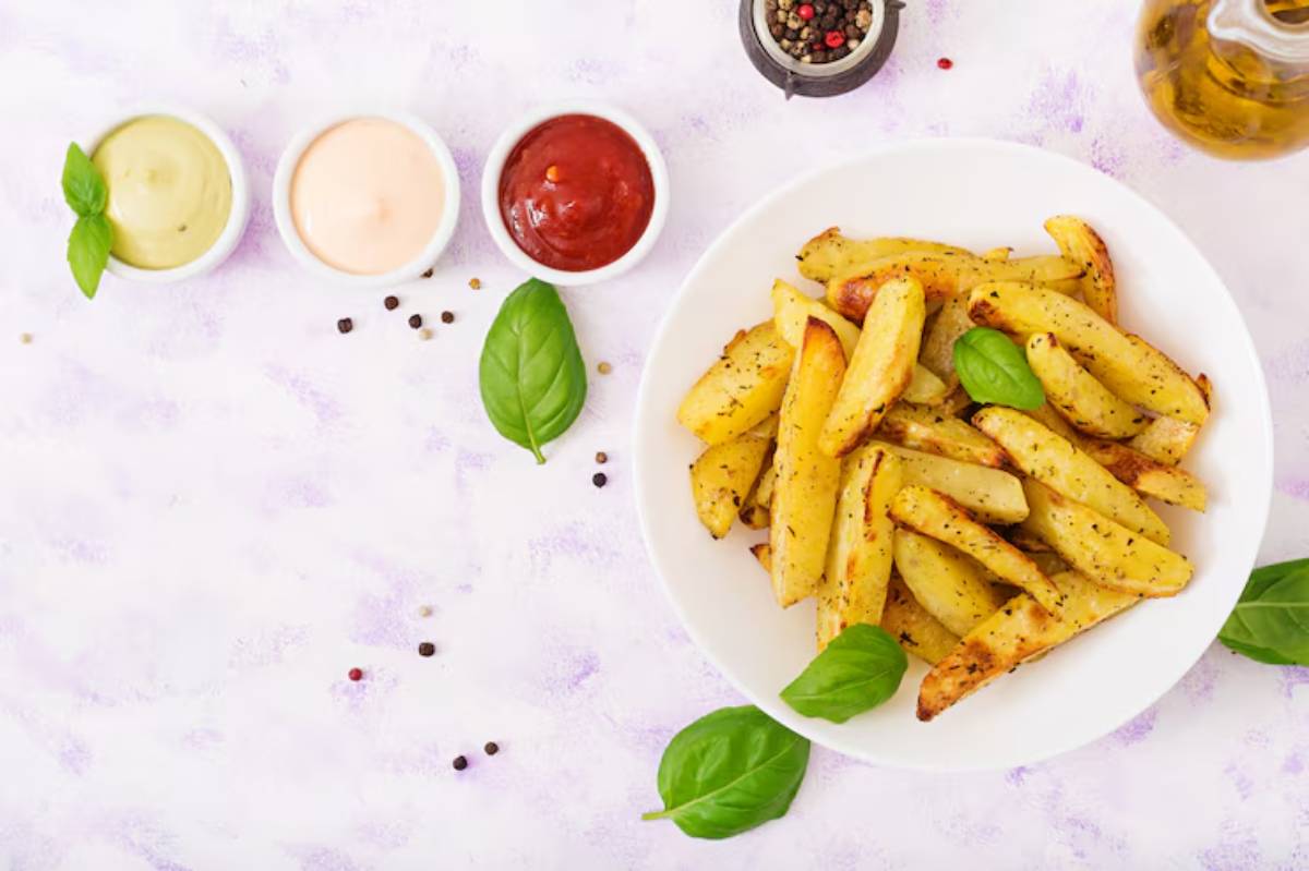 A bowl of golden, seasoned potato wedges alongside three dipping sauces and fresh basil leaves on a light, textured surface.