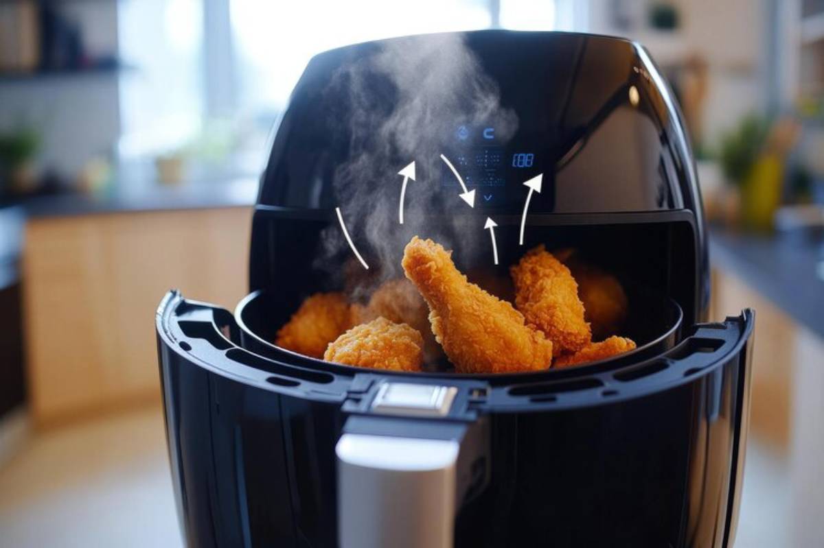 An air fryer displays golden fried chicken, with steam rising and digital controls visible on the front panel.