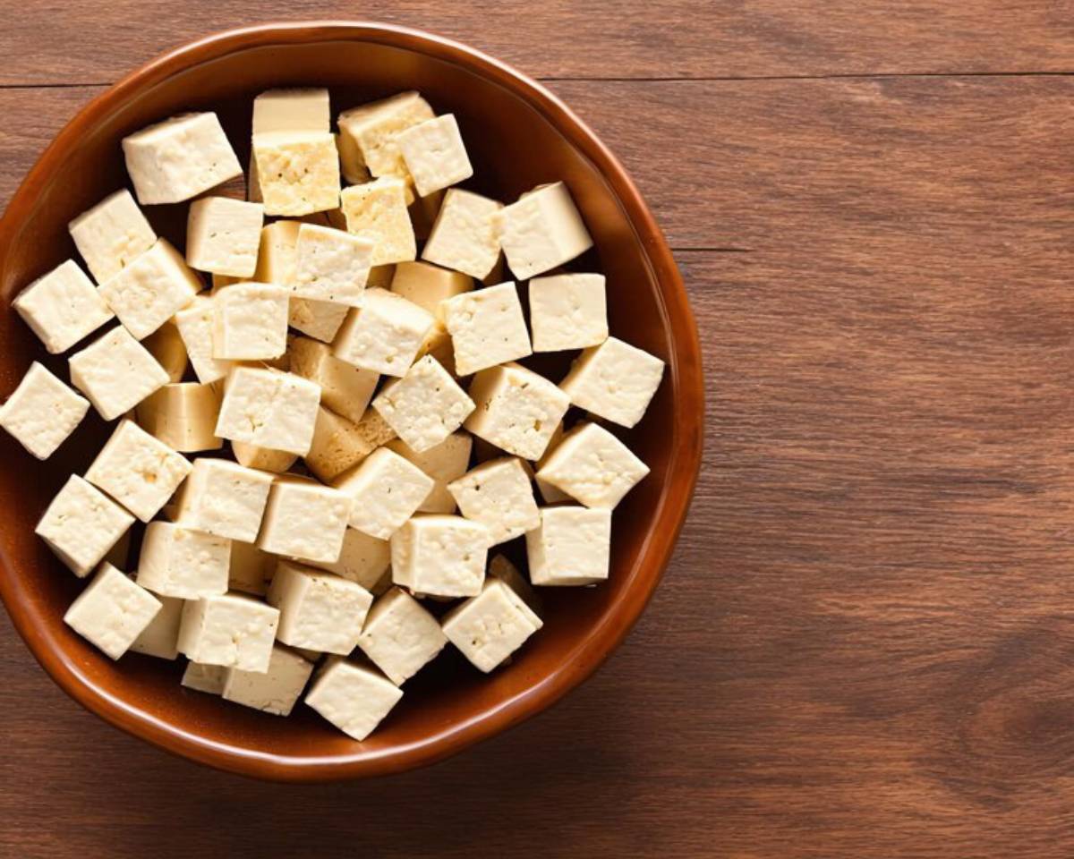 A brown bowl filled with neatly cut, small cubes of soft tofu resting on a wooden surface.