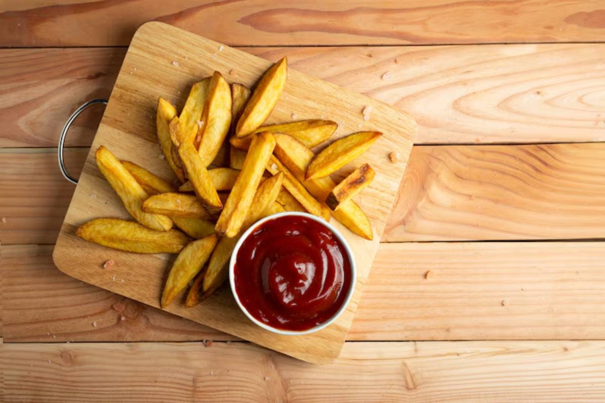 A wooden cutting board topped with golden-brown French fries and a small bowl of ketchup, on a rustic wooden surface.