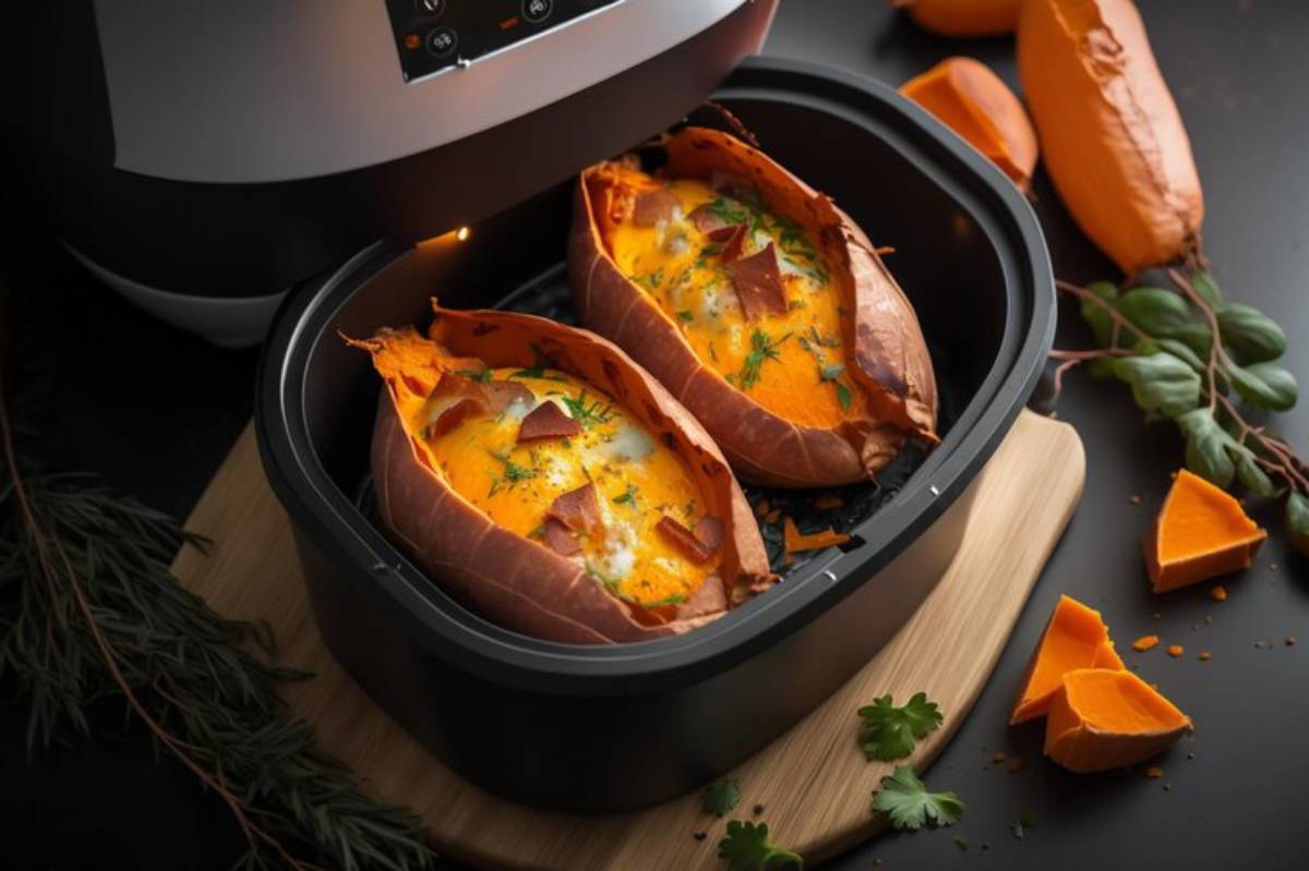 Two baked sweet potatoes filled with cheese and garnished with herbs, nestled in an air fryer with cut sweet potato nearby.