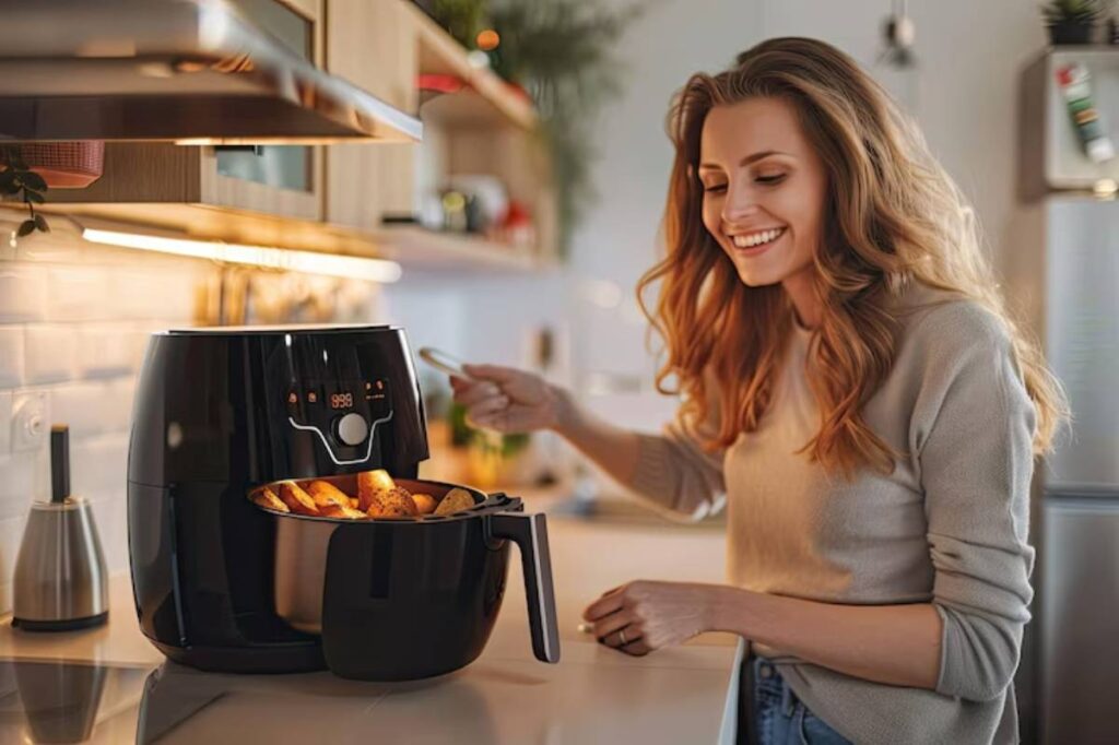 A woman reaches into an air fryer on a kitchen counter, with golden-brown food visible inside, amidst a modern kitchen setting.