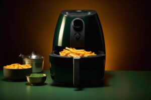 A sleek black air fryer filled with golden fries, flanked by bowls of fries and green herbs, set against a warm gradient background.