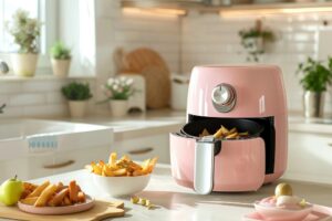 A stylish pink air fryer on a kitchen counter, with cooked fries nearby and fresh fruit, set in a bright, modern kitchen.