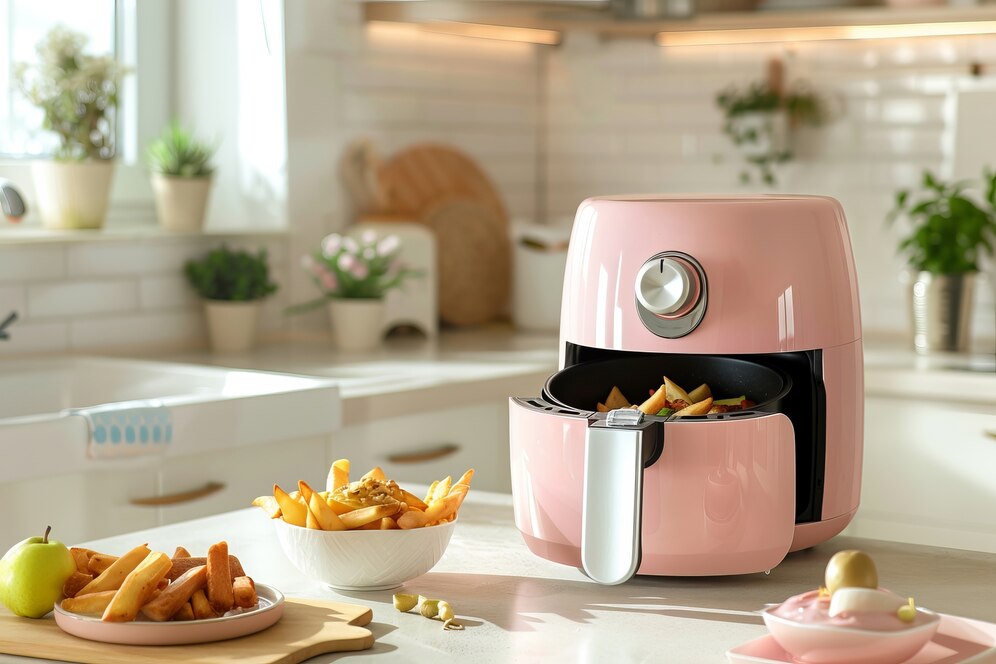 A stylish pink air fryer on a kitchen counter, with cooked fries nearby and fresh fruit, set in a bright, modern kitchen.