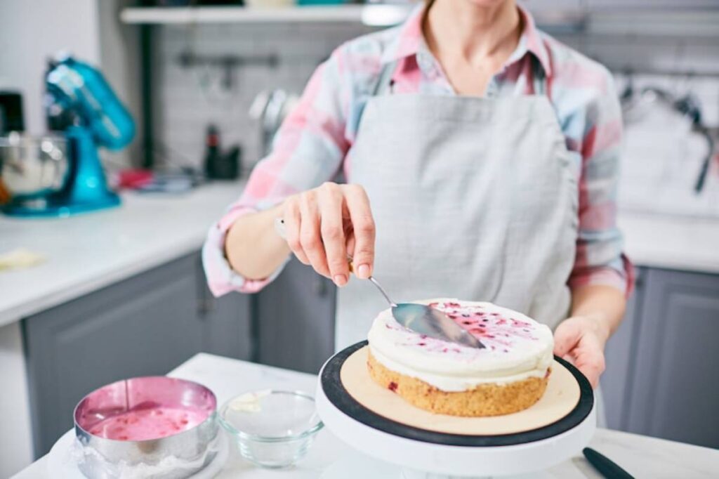 A woman in a plaid shirt and apron smooths frosting on a layered cake, with baking tools and ingredients visible in a bright kitchen.