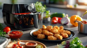 A plate of golden, crispy chicken nuggets with a dipping sauce, beside an air fryer and fresh vegetables on a kitchen counter.