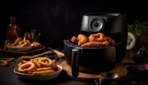 A black air fryer filled with crispy onion rings sits among plates of food and wooden utensils, illuminated against a dark background.