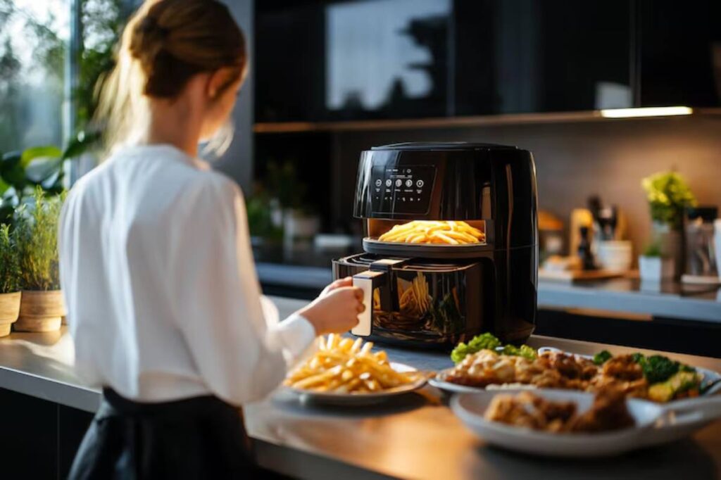 A woman pulls fries from a black air fryer in a modern kitchen, with plates of fried chicken and vegetables nearby.