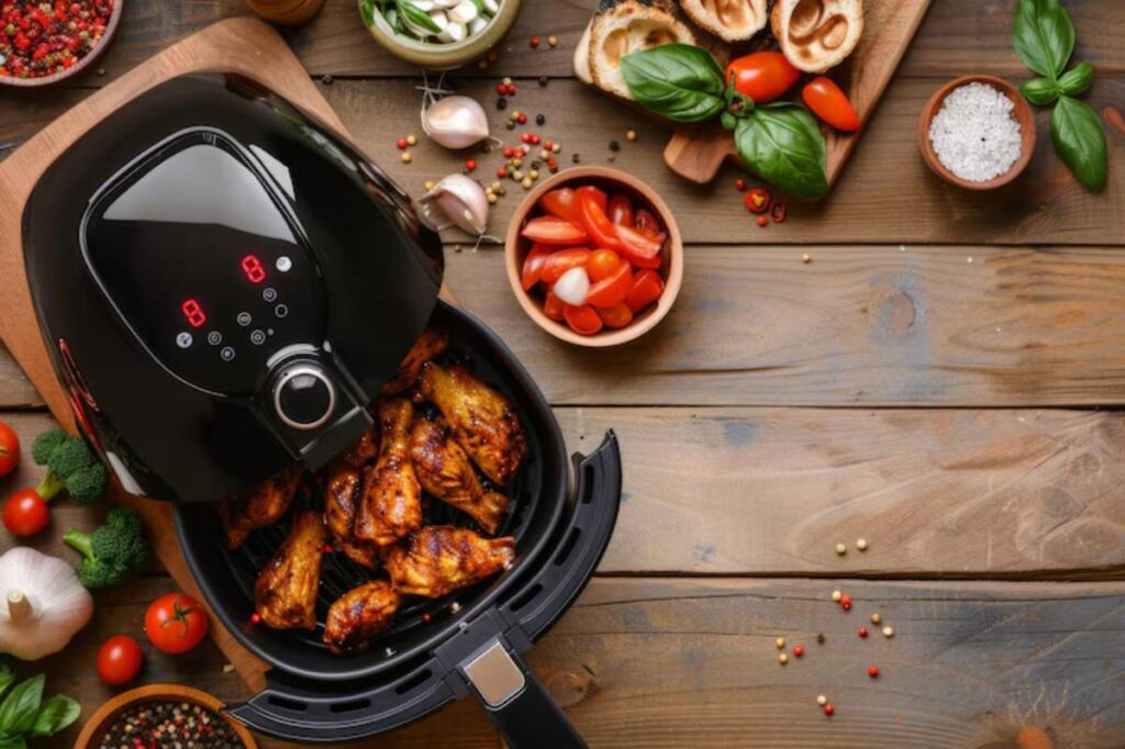 A black air fryer with cooked chicken wings sits on a wooden table surrounded by fresh vegetables and herbs, creating a vibrant cooking scene.