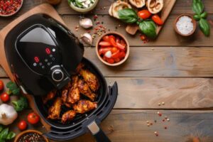 A black air fryer with cooked chicken wings sits on a wooden table surrounded by fresh vegetables and herbs, creating a vibrant cooking scene.