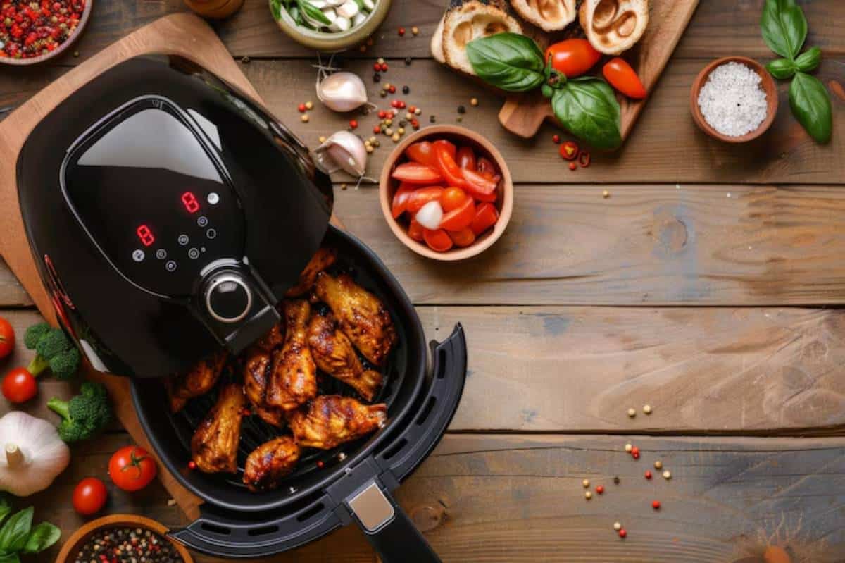 A black air fryer with cooked chicken wings sits on a wooden table surrounded by fresh vegetables and herbs, creating a vibrant cooking scene.