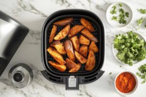 Crispy, seasoned sweet potato wedges in an air fryer basket, surrounded by fresh cilantro and spices on a marble countertop.
