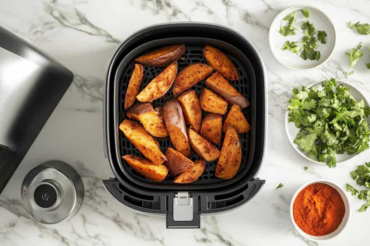 Crispy, seasoned sweet potato wedges in an air fryer basket, surrounded by fresh cilantro and spices on a marble countertop.