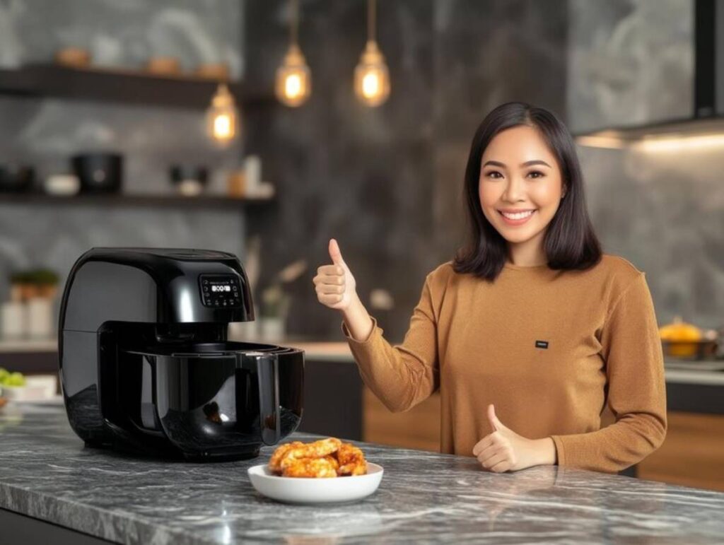 A woman gives a thumbs-up next to a sleek black air fryer on a kitchen countertop, with a plate of golden fried chicken in front.