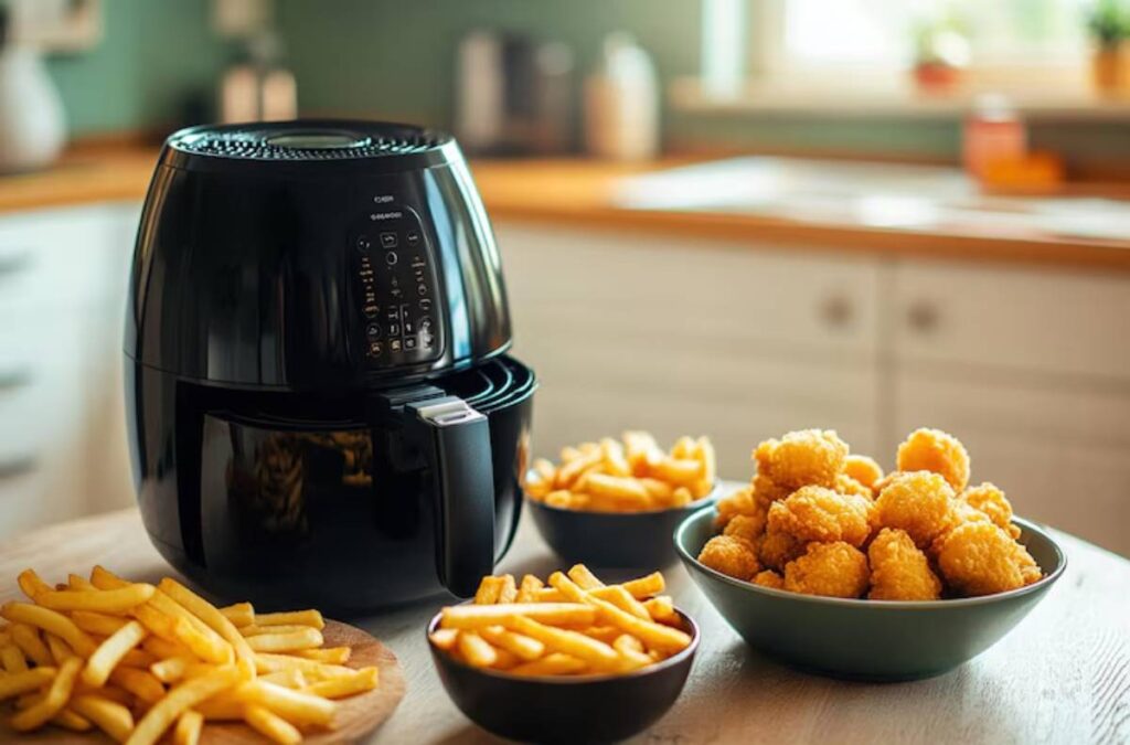 A black air fryer sits on a wooden table, surrounded by bowls of golden French fries and chicken nuggets in a cozy kitchen setting.