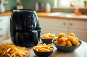 A black air fryer sits on a wooden table, surrounded by bowls of golden French fries and chicken nuggets in a cozy kitchen setting.