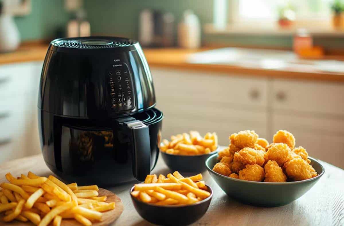 A black air fryer sits on a wooden table, surrounded by bowls of golden French fries and chicken nuggets in a cozy kitchen setting.