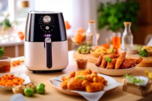 An air fryer surrounded by golden fried chicken, vibrant veggies, and snacks on a wooden table, creating a cozy kitchen atmosphere.