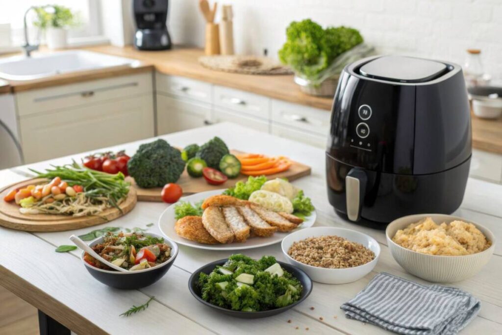 A modern kitchen countertop featuring an air fryer surrounded by fresh vegetables, cooked chicken, salads, and grains on white plates.