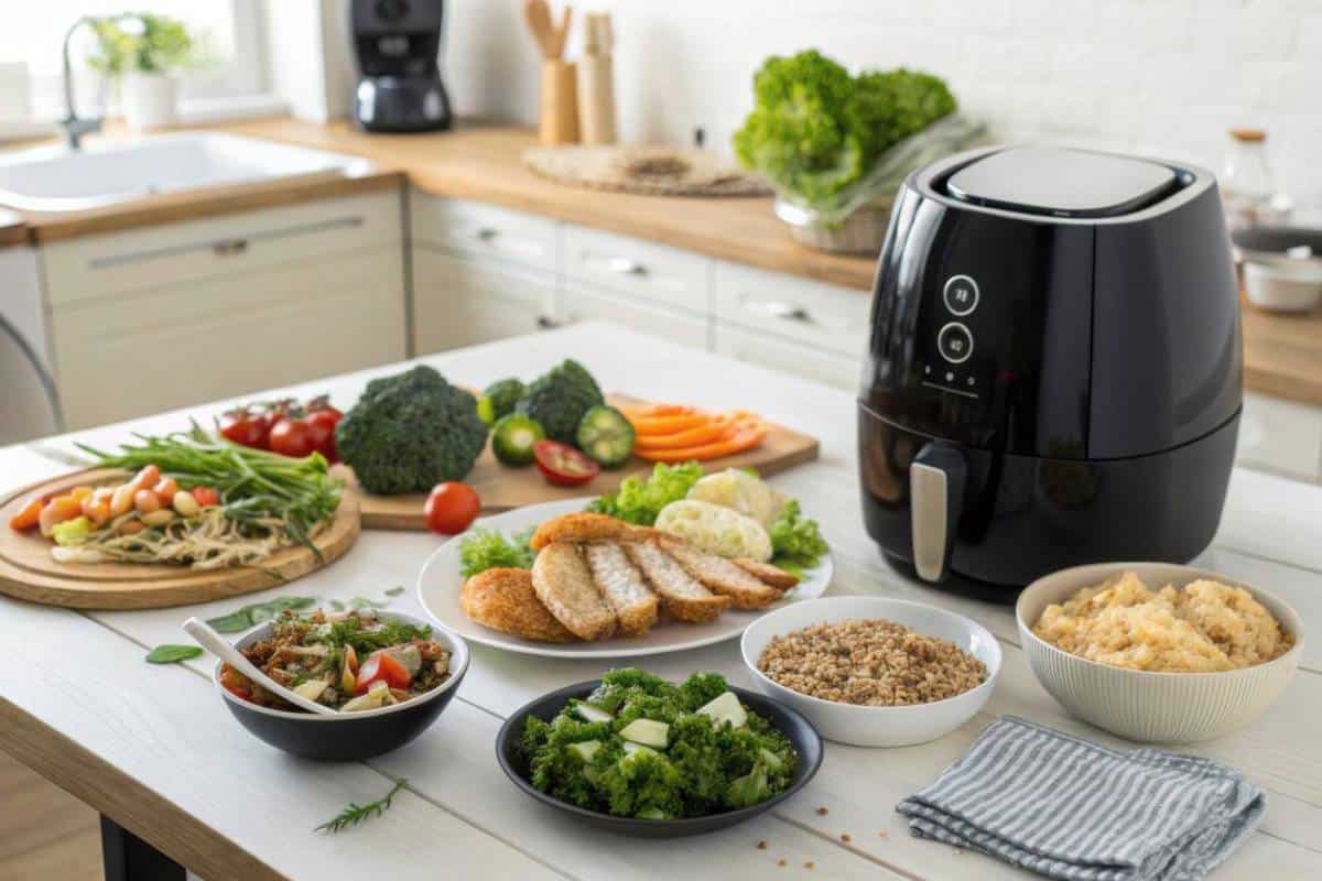 A modern kitchen countertop featuring an air fryer surrounded by fresh vegetables, cooked chicken, salads, and grains on white plates.