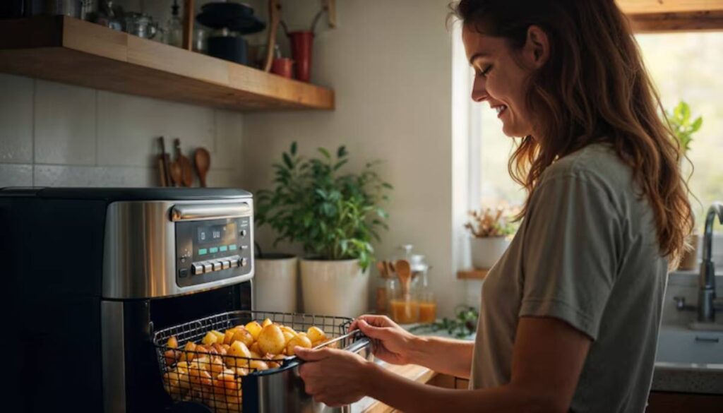 A person holds a basket of golden potatoes while standing by an air fryer in a bright, cozy kitchen filled with plants and utensils.